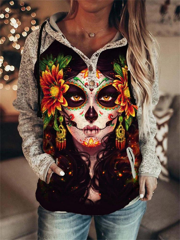 Day Of The Dead Skull Girl Printed Button Hoodie