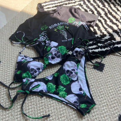 Sexy Skull Rose Print Bikini Swimsuit