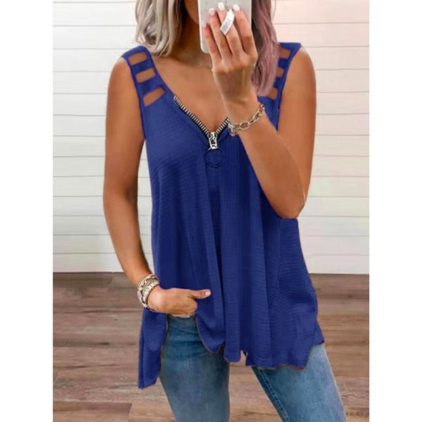 Cutout V-Neck Zip-Up Top