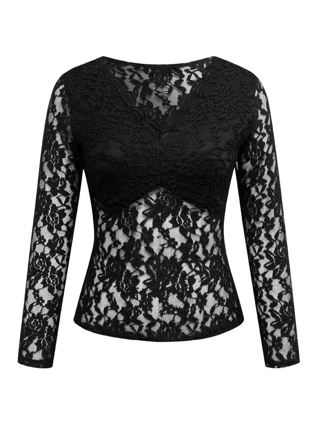 Solid Color Sexy Lace Mesh Long Sleeve Top
