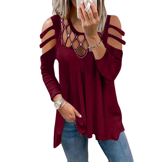 Solid Color and V-neck off-the-Shoulder Hollow-out Hot Drilling Top
