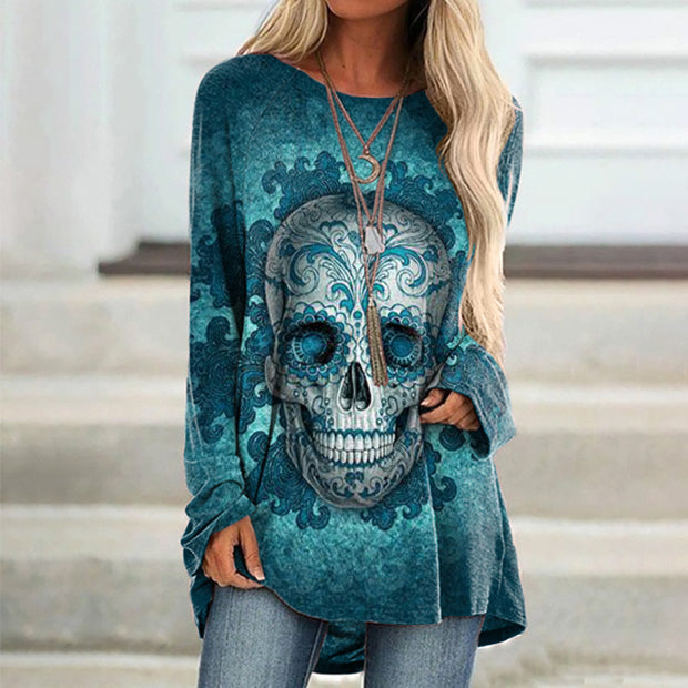 Totem Skull Print Crew Neck Long Sleeve T-shirt