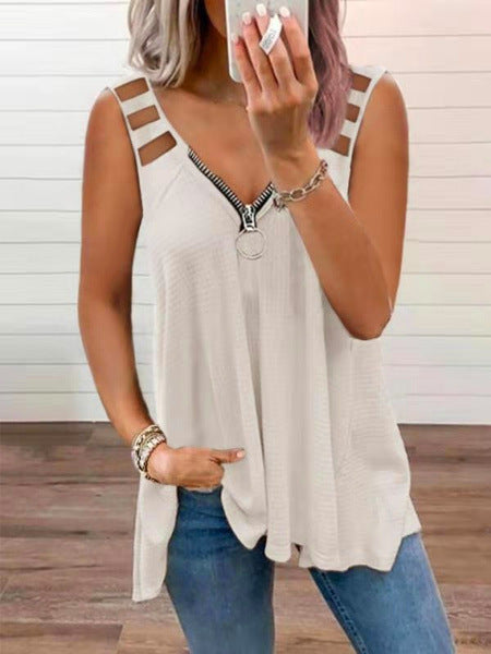 Cutout V-Neck Zip-Up Top