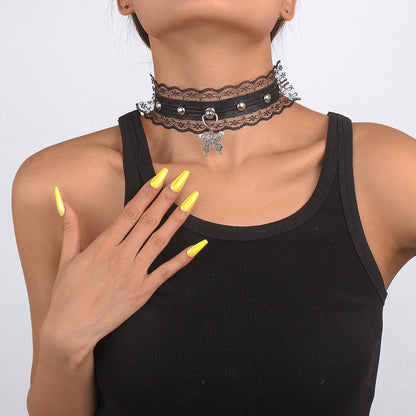 Butterfly Chain Lace Leather Choker Collar