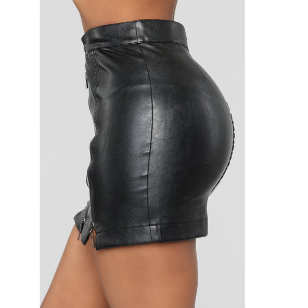 Zipper High Waist Bag Black Short Leather Skirt