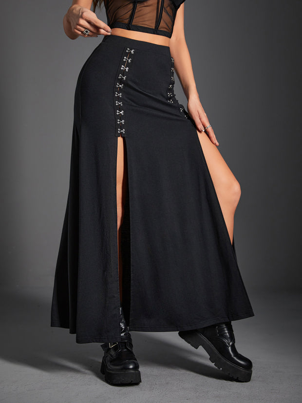 Gothic Dark Retro Sexy Side Slit Metal Patchwork Skirt