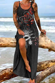 Horror Skull Print Slit Long Suspender Dresses