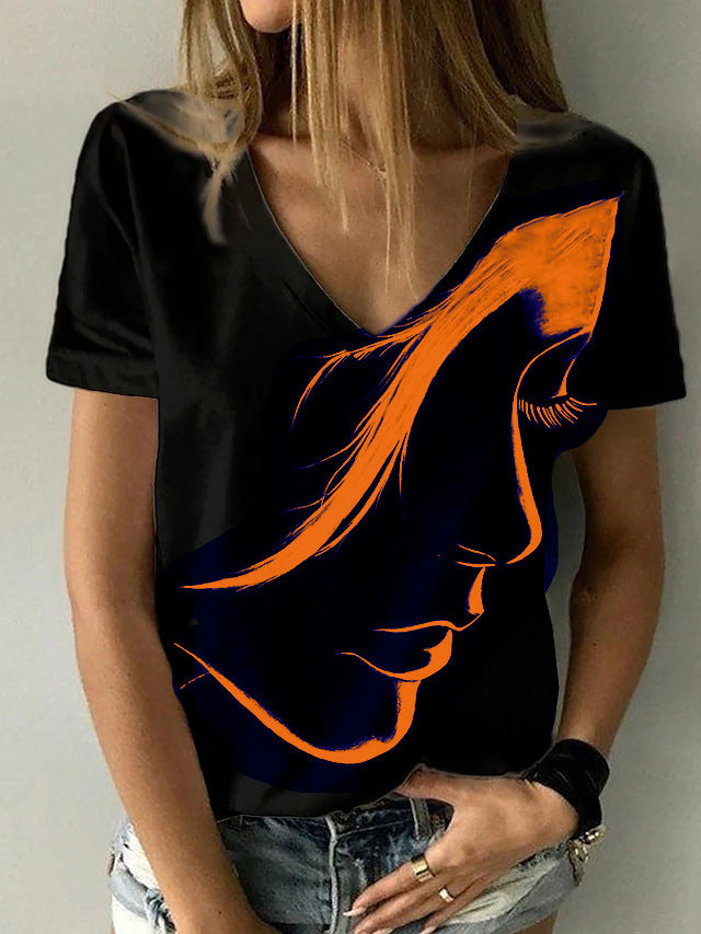 Abstract Face Print V-Neck Top