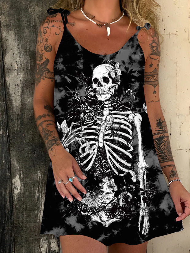 Halloween Gothic Skull Pattern Strappy Short Dress