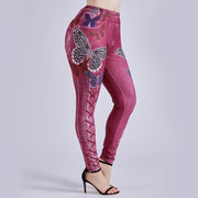 Women's Butterfly Lace-up Denim Print Slim-Fit High Waist Figure Flattering Leggings