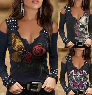 Long-Sleeved T-Shirt With Strapless Hot Drill Butterfly Elements