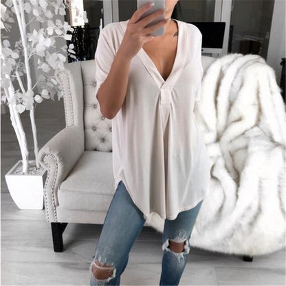 V-neck Solid Color Short Sleeve T-shirt