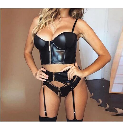 Sexy Cutout Patent Leather Suspenders Push up Zipper Underwear Suit