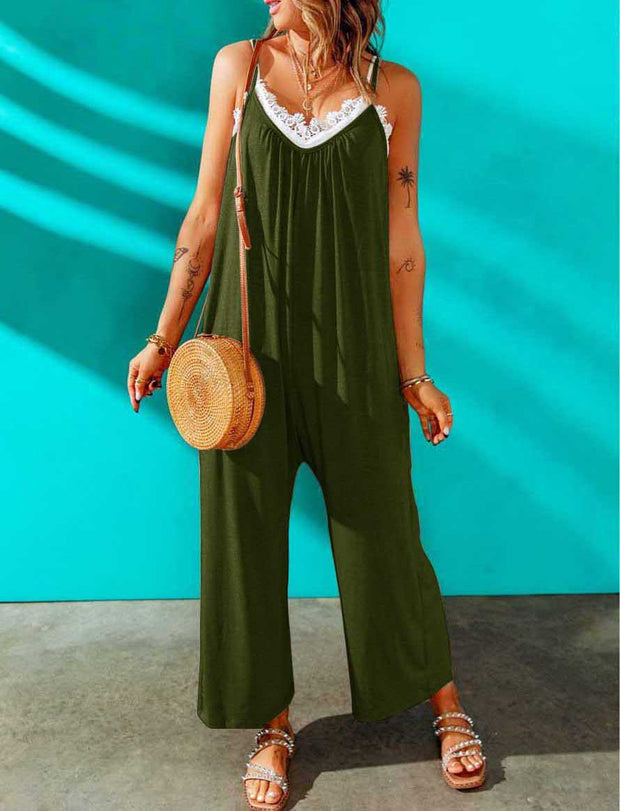 Solid Color Lace V-neck Jumpsuit with Suspenders