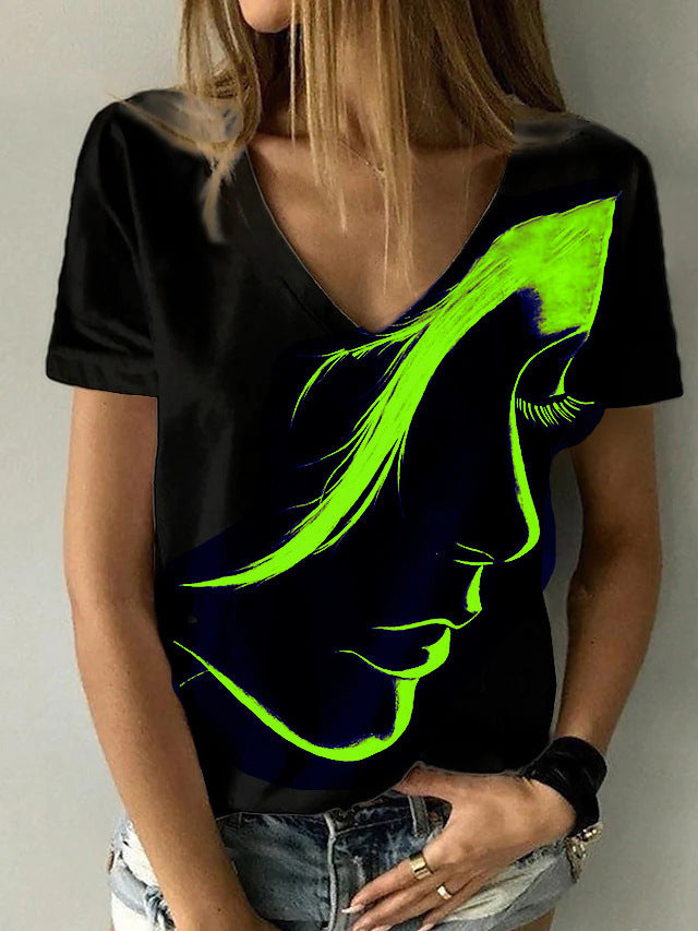 Abstract Face Print V-Neck Top