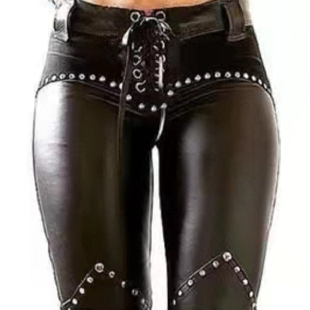 Sexy Rivets Strap PU Leather Pants