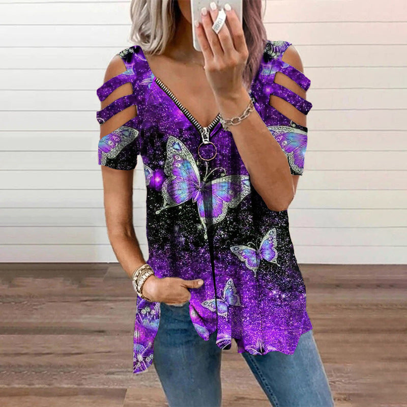 Butterfly print V-neck zipper off-shoulder fashion top