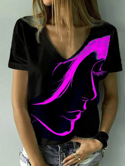 Abstract Face Print V-Neck Top