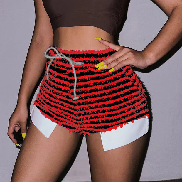 Sexy Texture Striped Drawstring High Waist Super Short Shorts