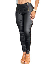 Lace Stitching Black Tight Trousers
