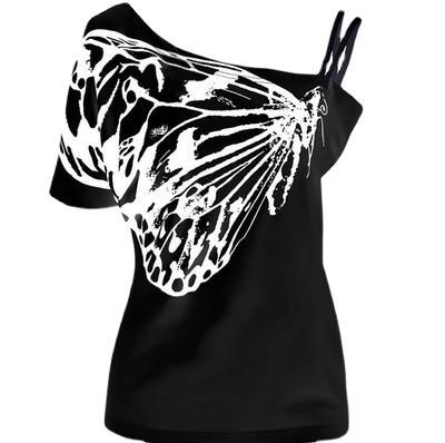 One Shoulder Butterfly Printed T-shirt