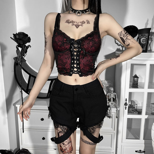 Dark Style Backless Lace up Small Sling Lace Lace Vest