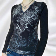 Gothic Style Vintage Floral Print Long Sleeves T-shirt