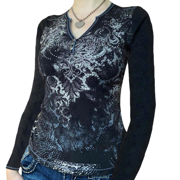 Gothic Style Vintage Floral Print Long Sleeves T-shirt