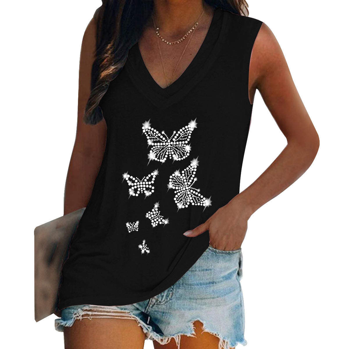 Butterfly Rhinestone V-neck Vest