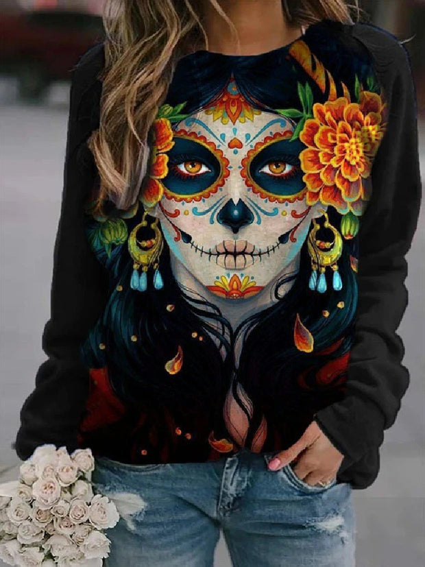 Dark Skull Girl Print Crew Neck T-shirt