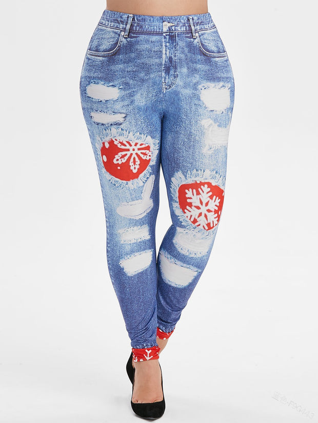 Women's Snowflake Denim Printing Yoga Sports Casual Pants