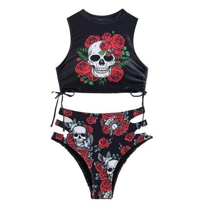 Sexy Flowers Skull Print Tight Bikini Swimsuit