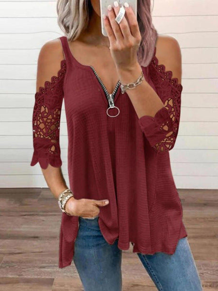 Sling Hollow Lace Sleeves Knit Top