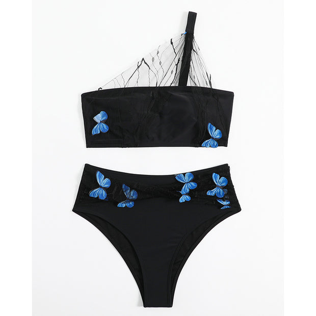 Bikini de costume deux pièces noir imprimé sexy papillon
