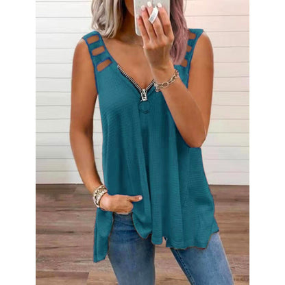 Cutout V-Neck Zip-Up Top