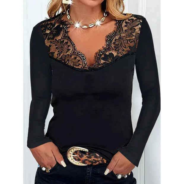 Solid Colour Lace Lace See Through Sexy V-Neck T-Shirt