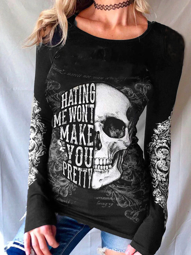 Gothic Dark Skull Letter Print Long Sleeve T-shirt