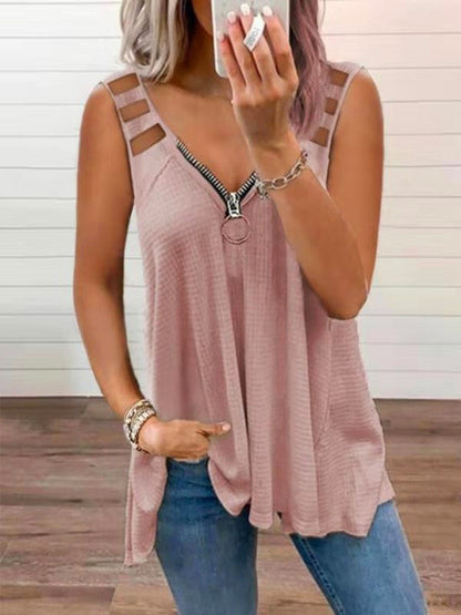 Cutout V-Neck Zip-Up Top