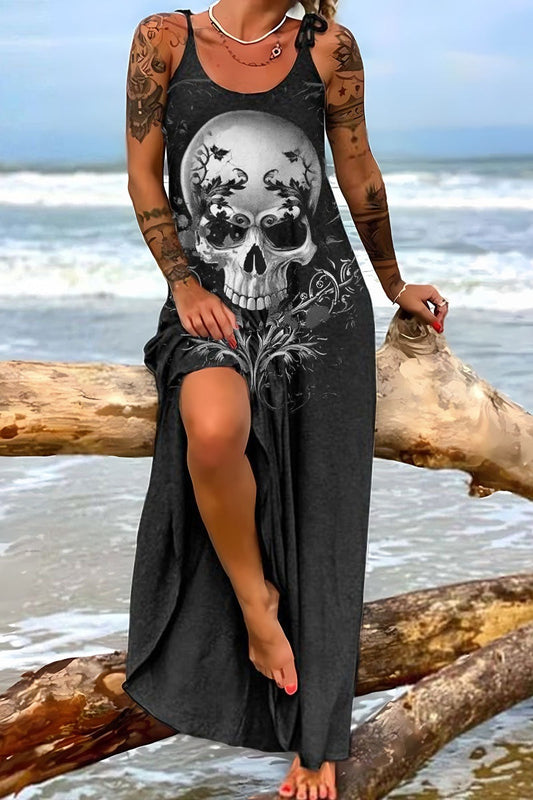 Horror Skull Print Slit Long Suspender Dresses