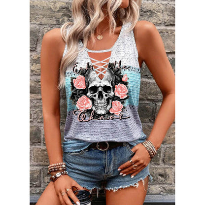 Gothic Skull Printed Breathable round Neck Strap Vest