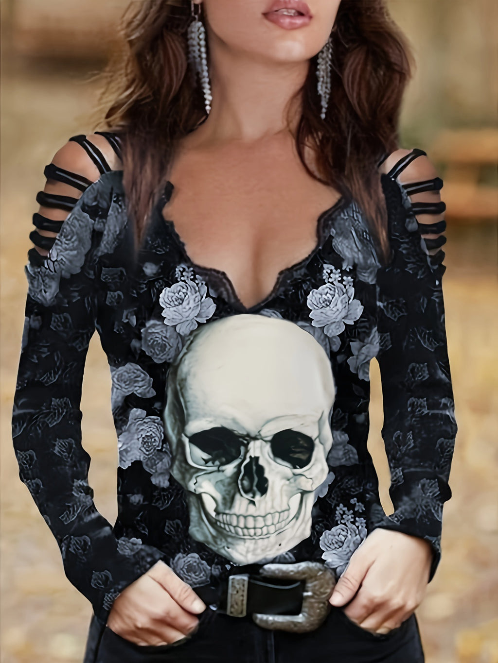 Sexy Skull V-neck Lace off-the-Shoulder T-shirt