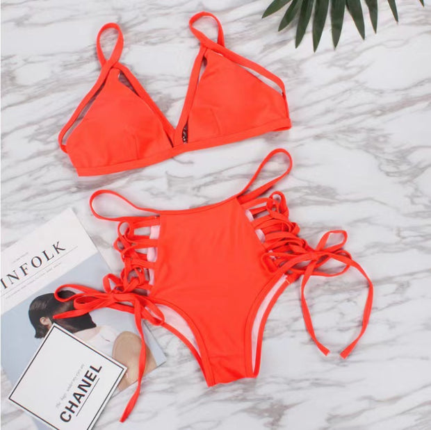 Sexy Solid Color Lace-up Hollow High Waist Bikini