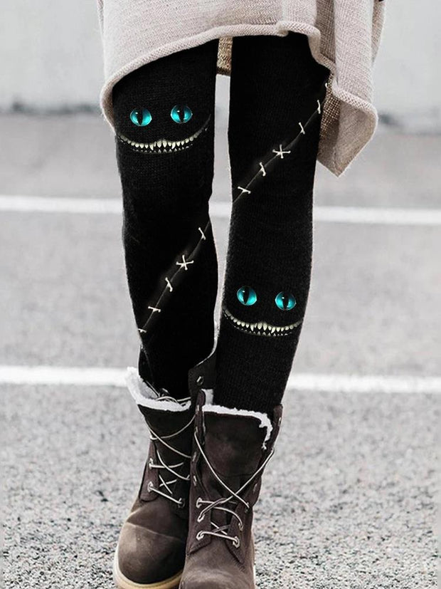 Scary Ghost Cat Face Stitched Yoga Pants