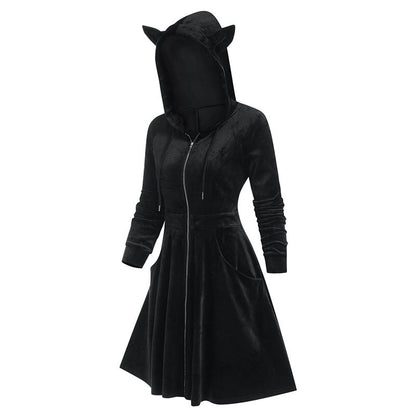 Gothic Hooded Long Sleeve Gold Velvet Cat Ear Slim Fit Dress