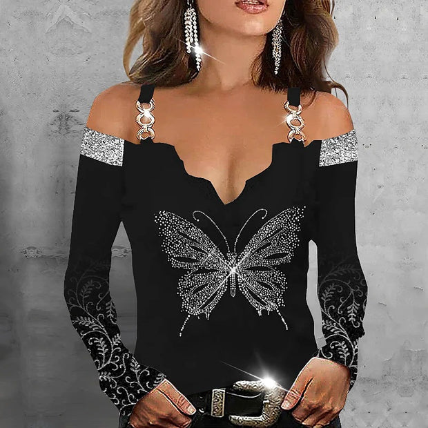 Strapless Butterfly Print V-Neck Lace Long Sleeve Top
