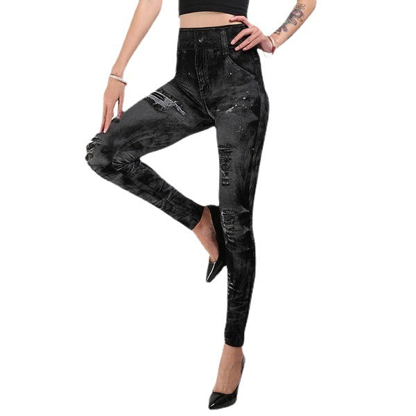 Fake Ripped Imitation Denim High Waist Yoga Pants