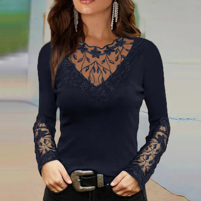 Lace Stitching V-Neck Hot Diamond Long-Sleeved Top