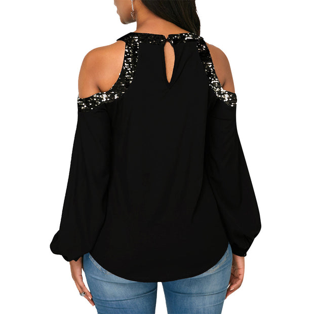 Streamer Printed Sequin Stitching off-the-Shoulder Long Sleeve T-shirt