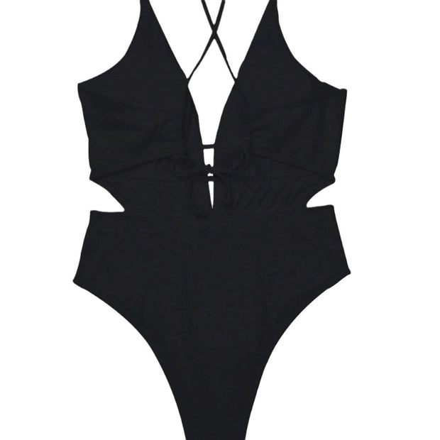 Sexy Backless Lace up Deep V-neck One-Piece Swimsuit