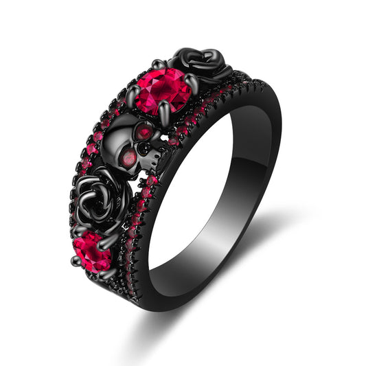 Bague gothique en Zircon incrusté d'or noir et de fleur de crâne